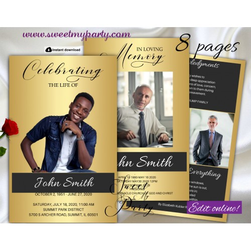 Gold Funeral Program 8 pages,Gold Memorial Service Program,1-008f,(174f)